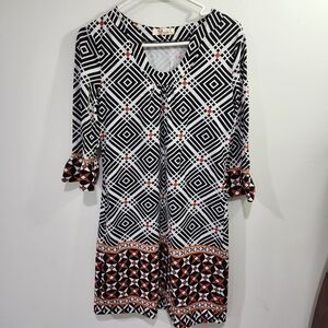 Aryeh Abstract Dress Womens S  White Black Orange 1/2 Sleeve